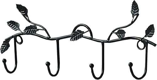 Gancho decorativo para llaves de pared hojas negras modernas de hierro para colgar en la pared para puerta de entrada con 4 ganchos negro