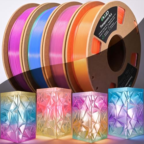 Image of OVV3D Transparent PLA 3D Printer Filament Bundle 250g x 4 Spools, Multicolor Clear PLA Filament 1.75mm Pack, Translucent Color Change 3D Printing Filament, Vibrant Gradient Pastel Filament