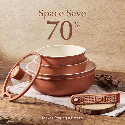 Image of CAROTE 21-Piece Ceramic Cookware Set, Nonstick Pots and Pans Set with Detachable Handle, Non-Toxic Kitchen Cooking Set, Induction Compatible, Dishwasher & Oven Safe, Terracotta