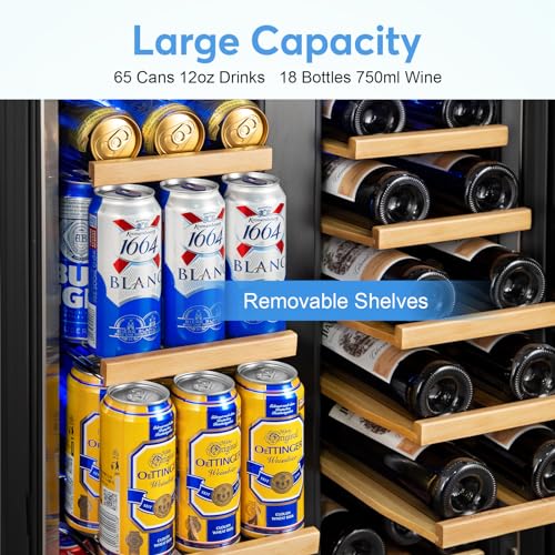 Image of Wine and Beverage Refrigerator with Glass Door, 24-Inch Dual Zone Wine Fridge Under Counter - 18 Bottle and 88 Can Large Capacity Led Blue Light Smart Fast Cooling Wine Cooler
