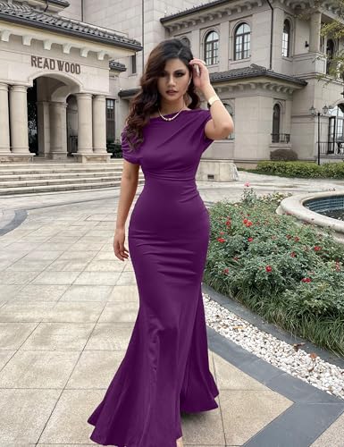 Image of YMDUCH Women's Sleeveless Off Shoulder Long Formal Party Dress | Backless,Stretch,Fitted,Mermaid,One Shoulder,Bodycon,Elegant,Slim,Formal,Solid,Evening,Wedding Guest,Bridesmaid,Maxi