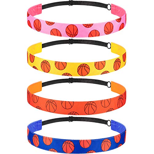 4 Pieces Girls Non-slip Basketball Headband Adjustable Basketball Hairband Girls Sports Hair Accessories (Yellow, Blue, Pink, Orange)