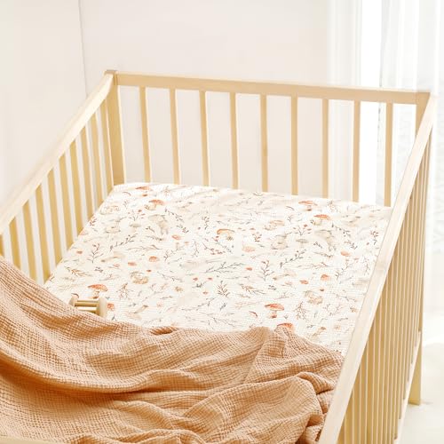Image of GRSSDER 100% Cotton Muslin Crib Sheet 2 Pack - Breathable & Ultra-Soft Fitted Crib Sheets for Standard Baby & Toddler Mattresses, 52 inchx28 inch with 9 inch Deep Pocket, Snug Fit All-Around Elastic