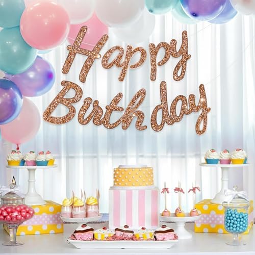 Image of Rozi Decoration Rose Gold Glitter Happy Birthday Banner -Cursive Letter Garland for Party Decoration, Reusable Shiny Cardstock Hanging Banner for Girls, Women, Adults, Kids (Pack of 1 Set)