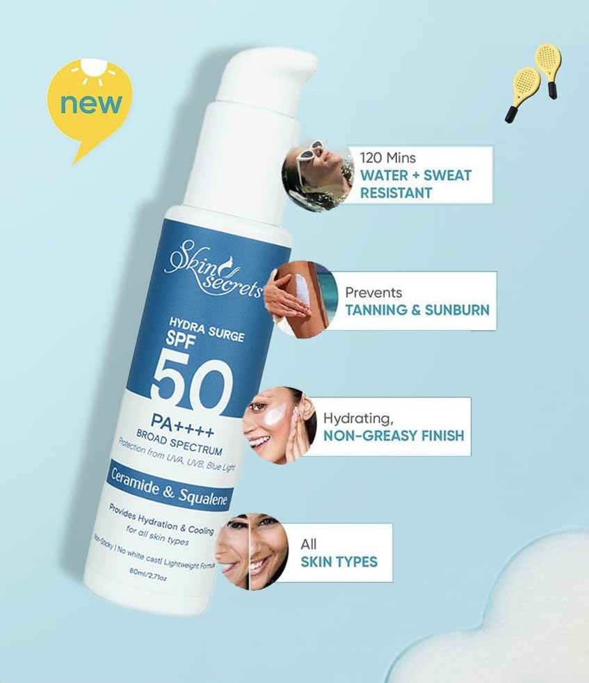 Image of Skin Secrets Hydra Surge Sunscreen SPF 50 PA++++ with Ceramides, Squalene & Watermelon Extract| Lightweight| Broad Spectrum| No White-Cast| No Parabens, Mineral Oils & Silicones| Ayurvedic| 80ml