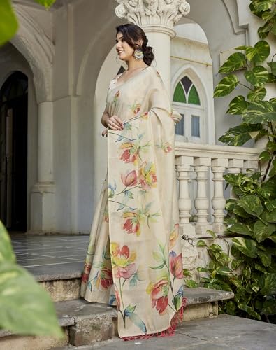 Image of Yashika Women's Chanderi Floral Digital Print Chandheri Saree with Unstitched Blouse Material