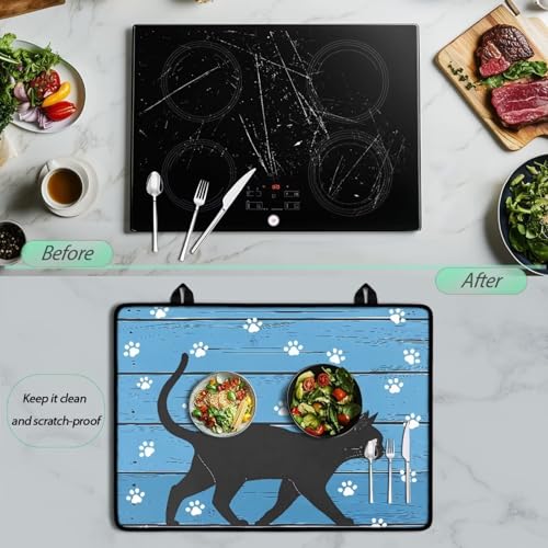 Image of Glass Ceramic Top Stove Cover Anti-Scratch Flat Cooktop Cover Mat Range Covers for Electric Stove Machine Washable Induction Stove Top Protector Mat, 29 x 21 Inch, Black Cat Wood Grain Paw