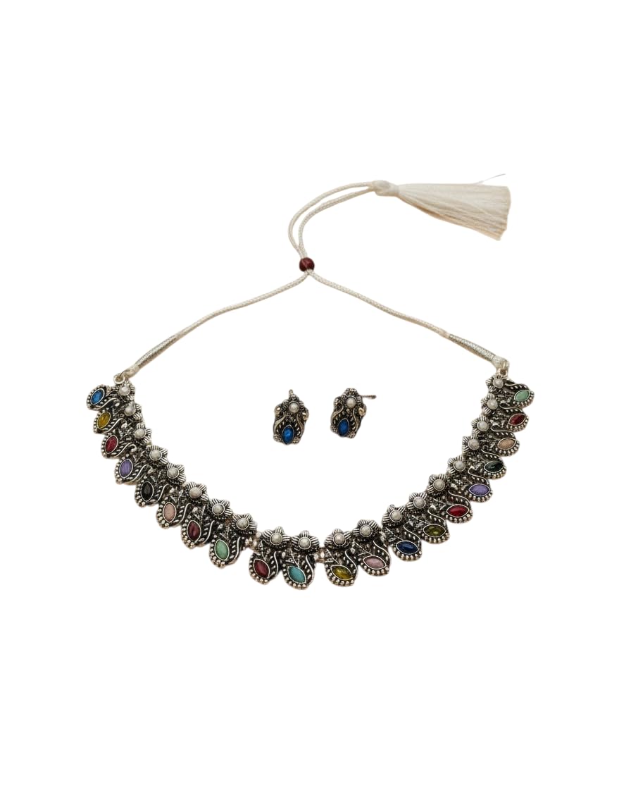 German Silver Oxidised Multicolor Stone Choker Necklace with Earrings | Traditional Ethnic Jewellery Set for Women-image-41