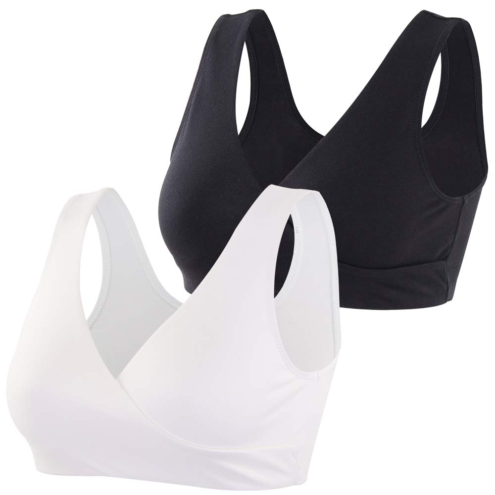 MANCI Cotton Sleep Bra, Comfortable Wireless Nursing Bra, Pregnancy & Breastfeeding (M, Black+White)