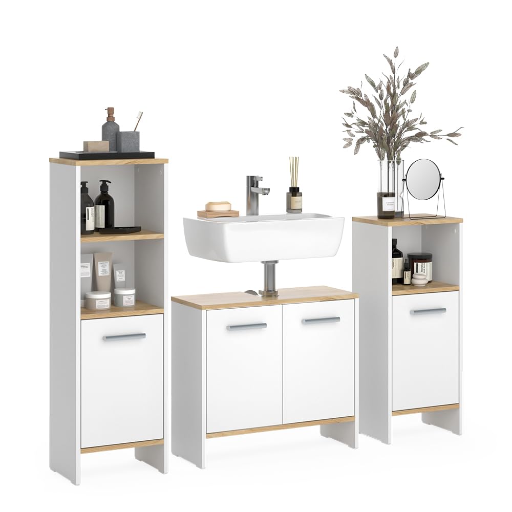 Vicco Ensemble de Meubles de Salle de Bains Karli, Chêne Blanc/Force de l'or, 131.4 cm, composé d’Un Meuble sous-lavabo, d’Une Armoire de Toilette et d’Une Colonne