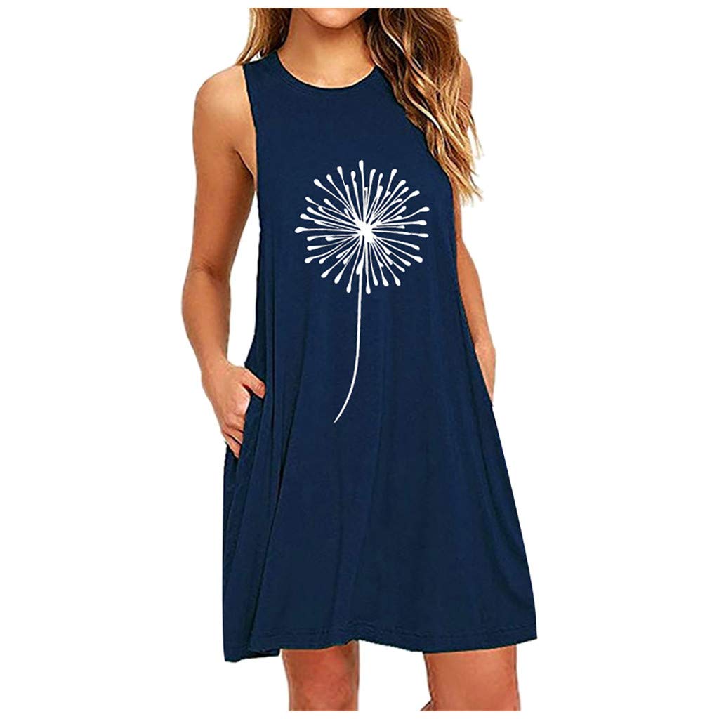 ADMAY Vestido de noche de dientes de león sin mangas, casual, a la moda, con estampado de bolsillo, para mujer, vestido casual para mujer, talla grande