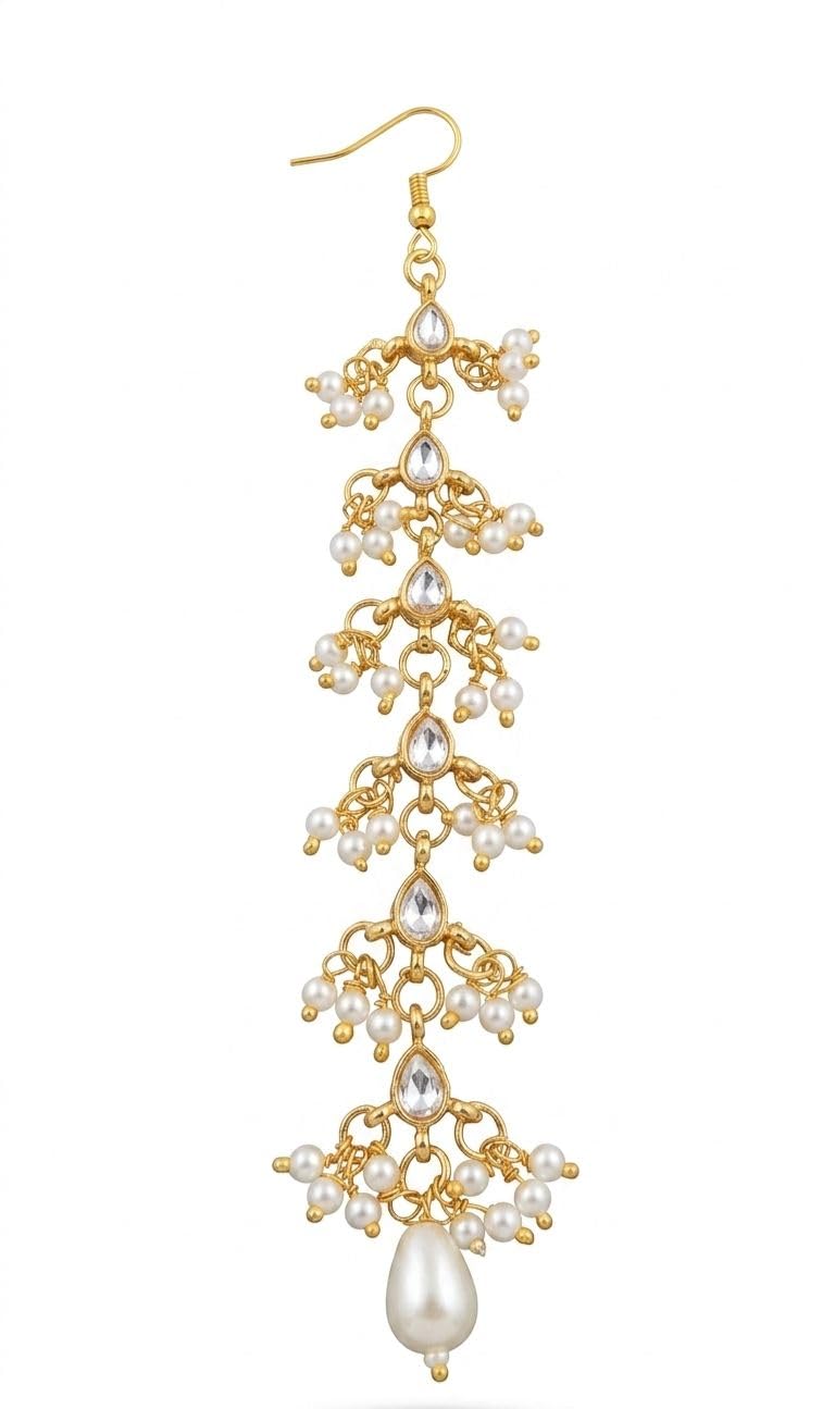 Gold-Tone Kundan Pearl Maang Tikka for Women & Girls | Traditional Ethnic Matha Patti Style Forehead Jewellery | Wedding Imitation Jewellery-image-37