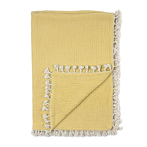 Image of Crane Baby Muslin Swaddle Blanket, Soft Cotton Lightweight Nursery and Stroller Blanket for Baby Boys & Girls, Ochre Yellow, 30" x 40"