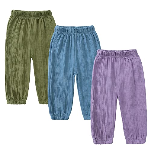 Image of Kids Tales 3 Pack Boys Girls Cotton Linen Pants Child Basic Plain Solid Trousers Big Kids Elastic Waist Long Pants Bloomers