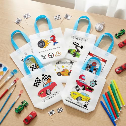 Image of Race Car Coloring Goodies Bags for Kids-24Pcs Racing Themed Bulk Color Your Own Gift Bags with Handle Reusable Non-Woven DIY Coloring Tote Bags for Summer Holiday DIY Activity Birthday Party Supplies