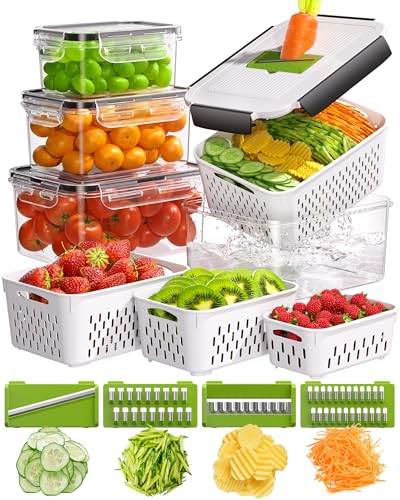 4 Pcs Fruit Storage Containers for Fridge with Vegetable Chopper Set & Removable Colander, Airtight Food Storage Containers with Mandoline Slicer, Dishwasher & Microwave Safe