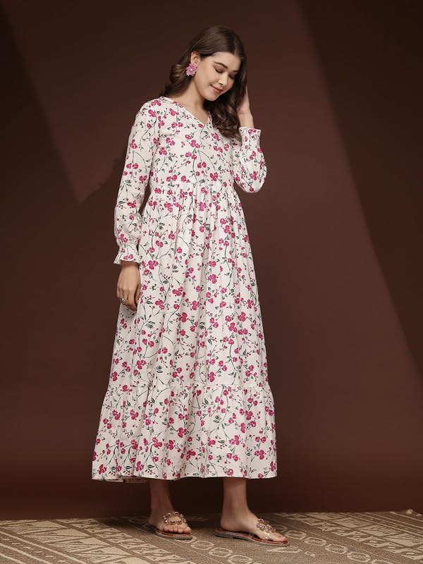 Image of Daevish New Gold Printed 3 /4 Sleeves Flared Maxi Length Dress for Women & Girl's | Maxi Dress for Women | Women Flared Dress