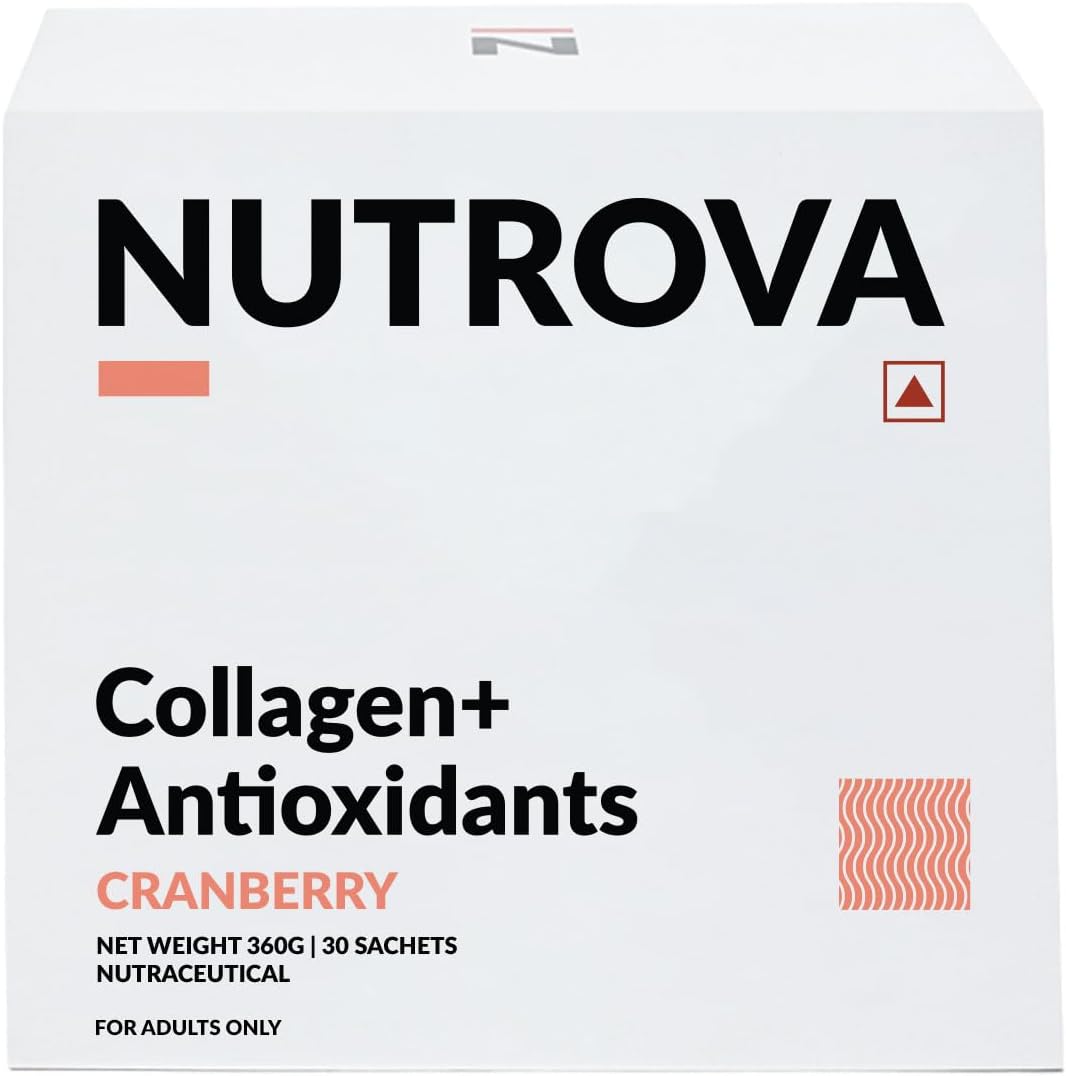 NUTROVA Collagen+ Antioxidants | Marine Collagen Supplements Powder for Men & Women | Improves Skin Hydration, Reduces Damage | Skin, Hair & Nails | Cranberry | 30 Servings