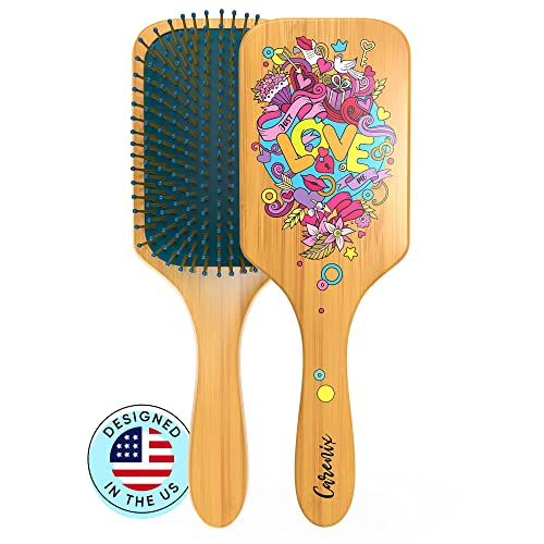 Just Love Me - Trendy Premium Wooden Bamboo Hairbrush for Women and Girls with Prints, Eco Friendly Paddle Detangling Hairbrush Comb, All Hair Types
