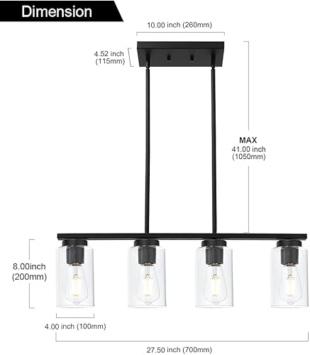 Miniatura 4 de TODOLUZ Lámparas colgantes negras con pantallas de vidrio transparente, 4 luces linares de isla de cocina para granja, comedor, cocina, mesa de
