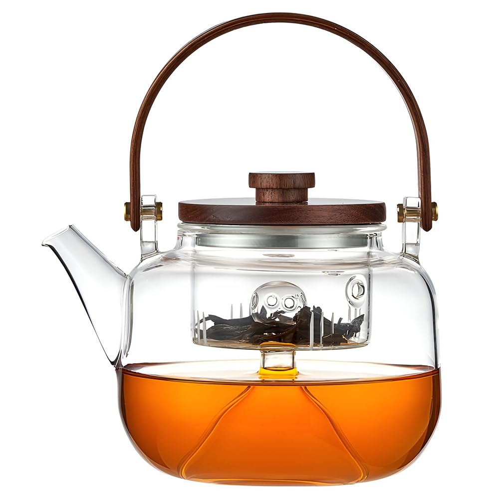 Teiera in vetro con colino, 800 ml, teiera per tè in fiore, con coperchio in legno per fornelli elettrici