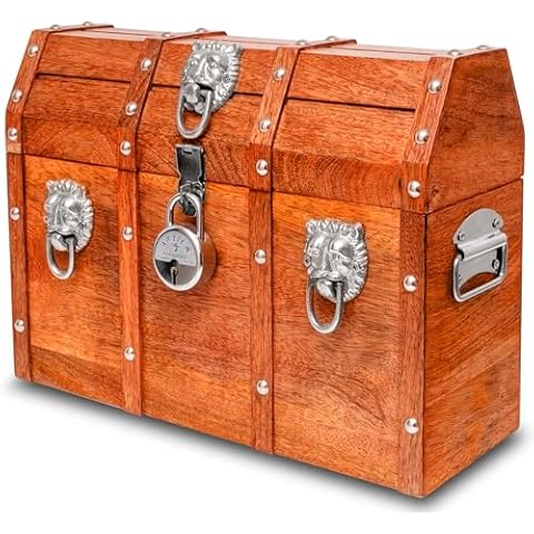 Vizayo Handmade Pirate Treasure Chest with Lock and Keys - 16 x 12 Inch Vintage Wooden Storage Trunk with Hinged Lid - Antique Storage Decorative Box Made of Strong and Durable Mango Wood (Orange) Cover