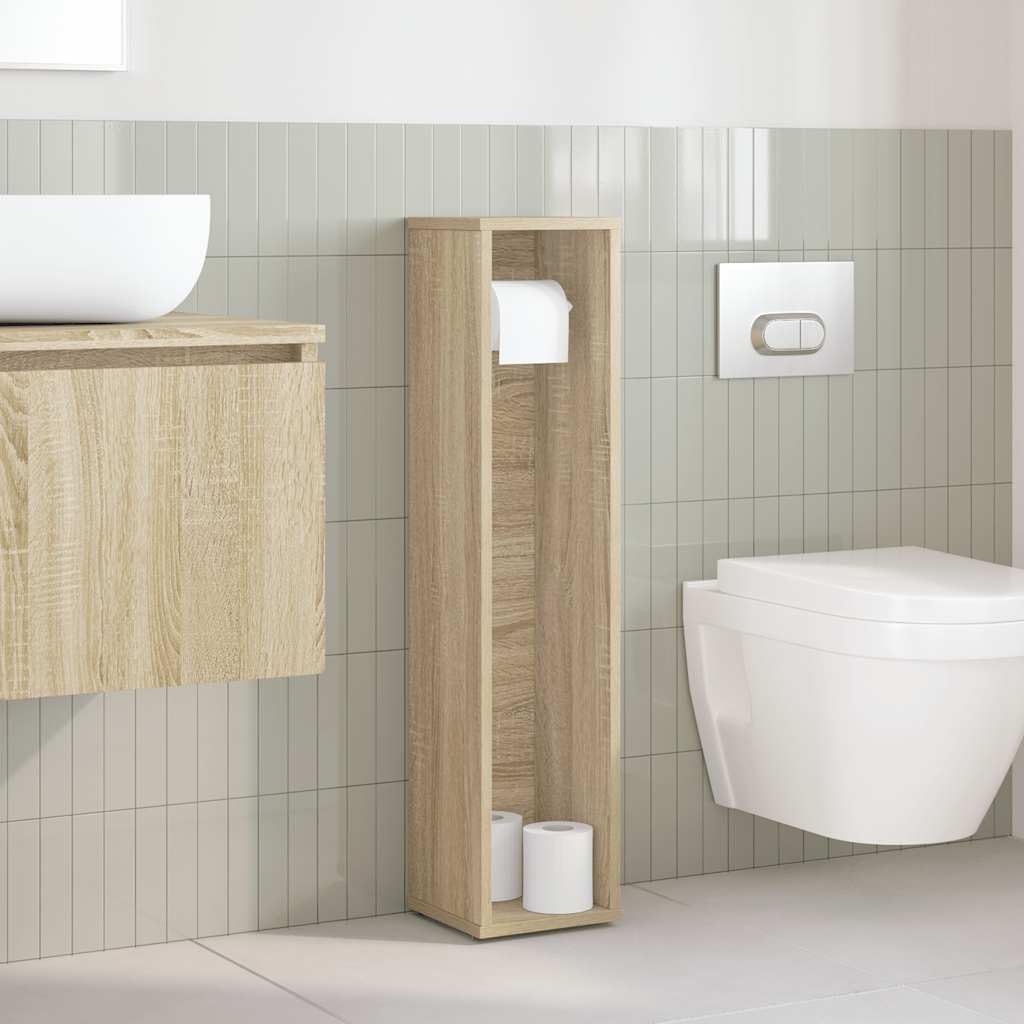Armoire de salle de bain avec porte-rouleau en chêne Sonoma - Espace de rangement - 20,5 x 20 x 90 cm - Meuble de salle de bain avec porte-rouleau pour WC et invités