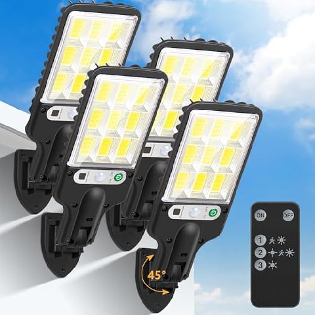 Flumy Outdoor Lights Solar Powered - 108 Solar Motion Lights Outdoor Dusk to Dawn Outside with Remote Control, 6500K Adjustable Flood Lighting, IP65 Waterproof Luces Solares Yard Wall Porch 4 Pack