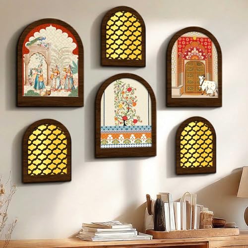 Image of Jharokha MDF Mirror for Home Decor | MDF Traditional Mirrors for Home Decoration | Wall Mirror Decor Hanging for Living Room Bedroom Office Set of 6 (9x12 inch & 7.5x9.5 inch)