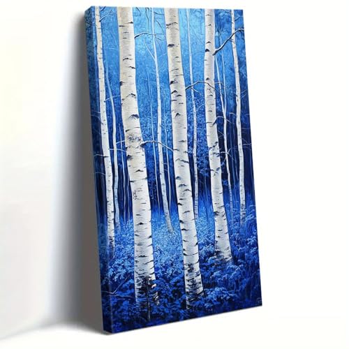 Tableau forêt de bouleaux grand paysage bleu pour habiller un grand mur vide