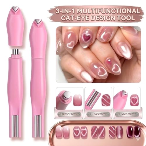 Image of Cat Eye Nail Art Magnet Pen - 3-in-1 Multifunction Nail Design Pen for Heart, Line & French Effects, Professional Magnet Tool for Cat Eye Gel Polish, Easy DIY Nail Art for Salon Home Manicure Use for girls and Women(Multicolor)
