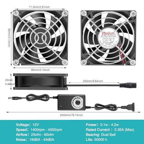 Image of Wathai 80mm Small Computer Cooling Fan with AC Plug, 110V 120V 220V 240V Fan Enhanced Cooling Solution for Electronic Components, PC Cases, Greenhouses, Terrariums, and Modem Cool Projects