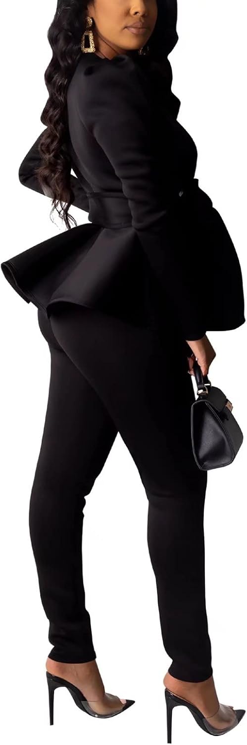Remelon 2 Piece Outfits for Women Blazer with Pants Deep V Long Sleeve Slim Fit Ruffle Pelplum Business Suit - Image 2