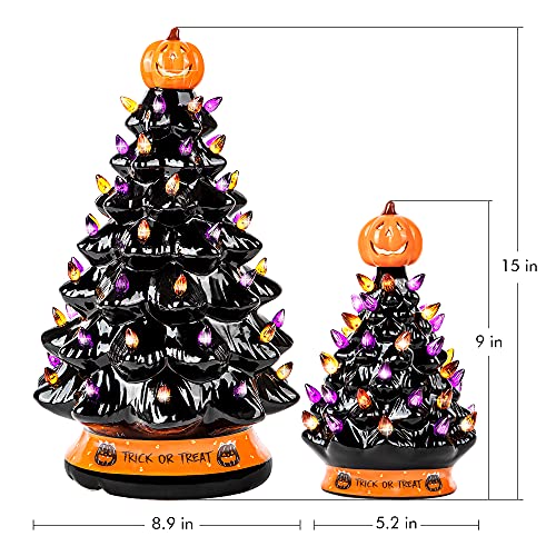 Rj Legend Christmas Tree - Halloween Decoration Made With Ceramic, Orange Pumpkin Head-Home Decoration-Trick Or Treat- Over 50 Multicolor Bulbs, Led Light Up By Battery - Black, 15 Inch #TOP1
