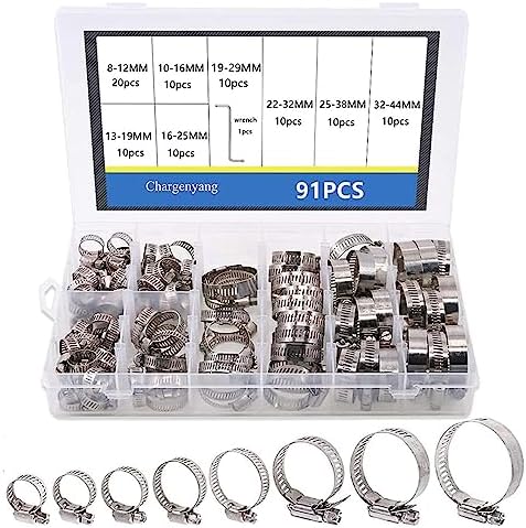 Chargenyang 91Pcs Hose Clips Adjustable, Stainless Steel 8-44mm Range Hose Clamp Kit, Worm Drive Pipes Clips Hose Clamps Assortment with Screwdriver and Storage Case 8 Sizes Tube