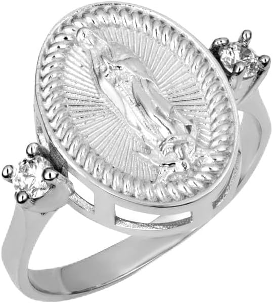 925 Sterling Silver White Cubic Zirconia 2.5mm Wide Women's Our Lady of Guadalupe Immaculate Conception Catholic Oval Signet Band or Pinky Ring