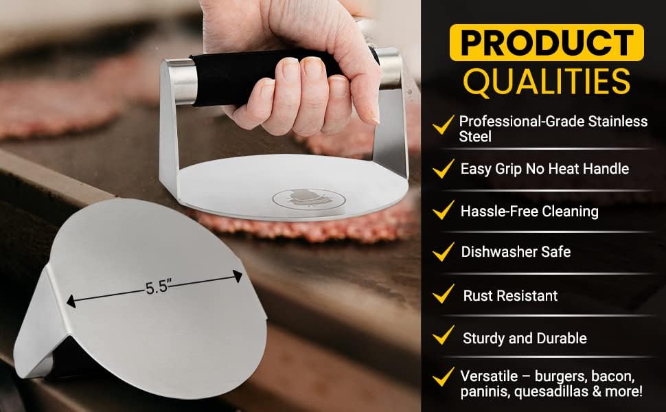 Miniatura 2 de Prensa de hamburguesa de acero inoxidable con mango a prueba de calor, 5.5 pulgadas, fácil de limpiar, hamburguesas perfectas cada vez