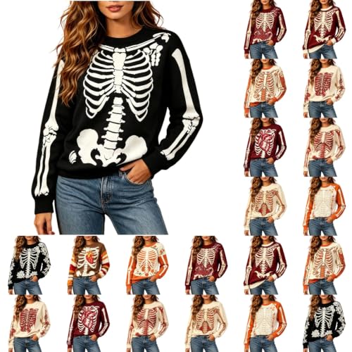 GAHIEDIM Skeleton Sweater,Halloween Sweaters for Women Skeleton Crewneck Knit Pullover Long Sleeve for Fall Casual Outfits Black 01 Large - image 1