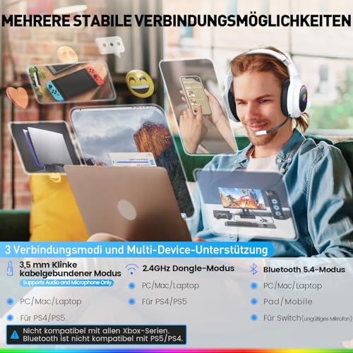 Wireless Gaming Headset mit Mikrofon für PS5 PS4 PC Handy, Niedriger Latenz – Ansicht 5