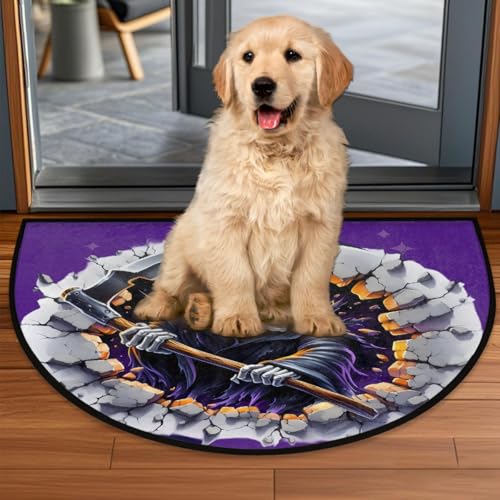 Image of cfpolar Half Round Door Mat Halloween Purple Skull Scythe Non-Slip Semi Circle Area Rug Washable Half Moon Hearth Rugs for Indoor Outdoor Bathroom Kitchen Patio Runner Mat Laundry Room Home Decoration