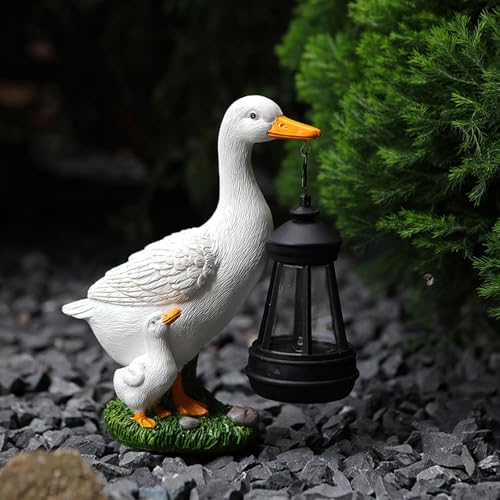 Estatua decorativa de pato con farol solar para jardín