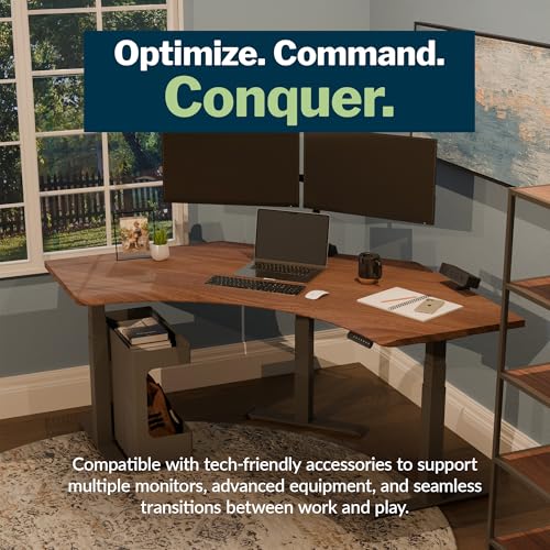 Image of Vari Command Center Electric Standing Desk - 120 Curved Sit-Stand Gaming Desk Corner Workstation for Triple Monitors + Sloped Front Edge, 4 Height Settings, 200 lb Capacity (Walnut Top /Slate Legs)