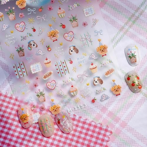 Image of Cute Nail Stickers Dog Bear Nail Art Stickers Cake Nail Decals 5D Embossed | With Flower Design Nails Charms Self Adhesive Nail Decals for Nail Art for Women Manicure Decoration Accessories 1 Sheets