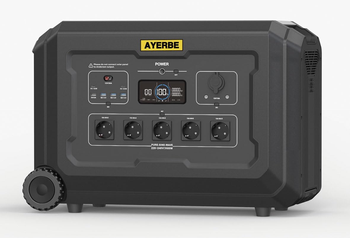 Estación de Energía AY-3072 Wh / 3600 W con Batería LiFePO4, Salida AC 3600 W, USB-C 100 W, Recarga Solar 2100 W y Red Eléctrica, para Uso Profesional y Emergencias