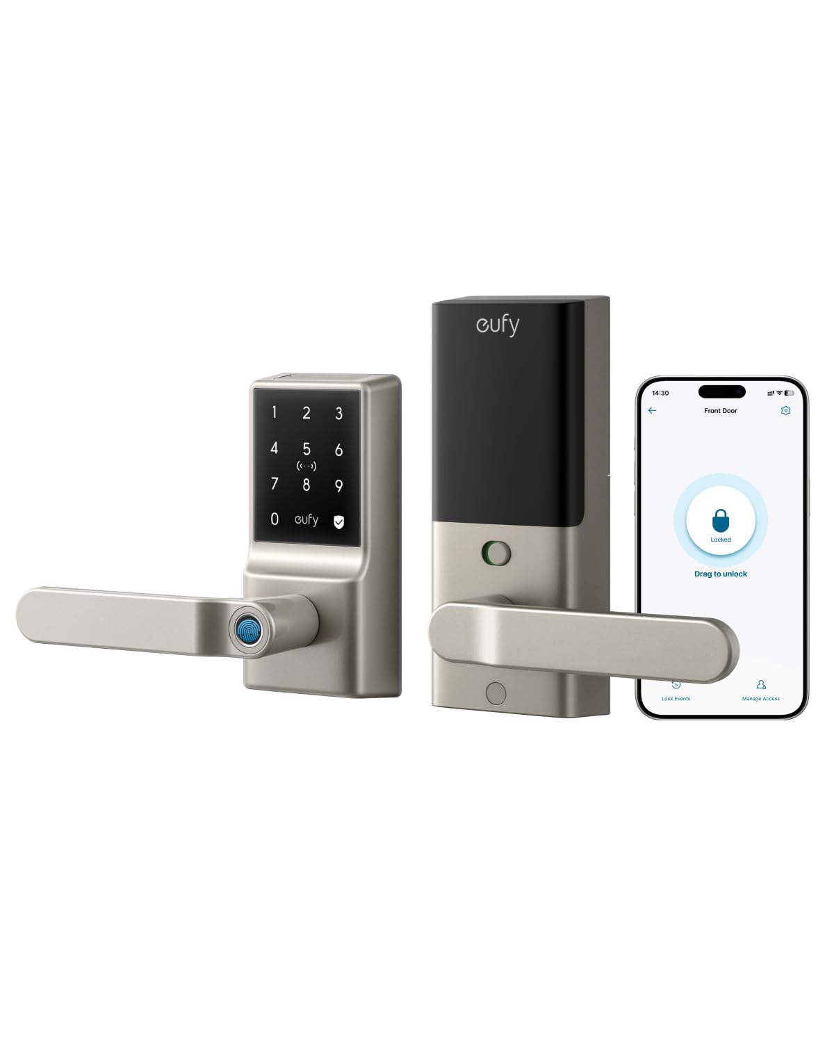 eufy Smart Lock C33, Keypad Door Lock with Handle, Fingerprint Door Knob, Keyless Entry, Electronic Deadbolt, Wi-Fi, Remote App Control, IP53 Waterproof, Nickel