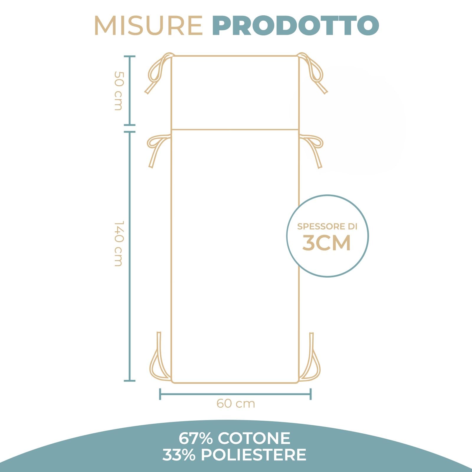 PARAMAISON Cuscino Lettino Prendisole 60x190 cm, Materassino per Lettino Giardino e Piscina, Imbottito 3 cm, con Laccetti Antiscivolo, Universale per Sdraio Esterno |Riga Verde