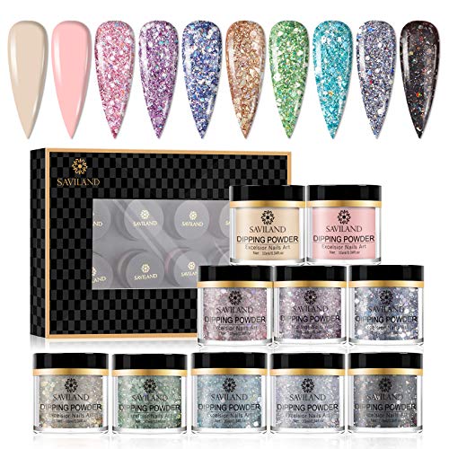 Saviland Dip Powder Nail Kit Starter - Glitter Dipping Powder 10 Colors Nail Powder Set for Christmas Party French Nail Manicure Nail Art