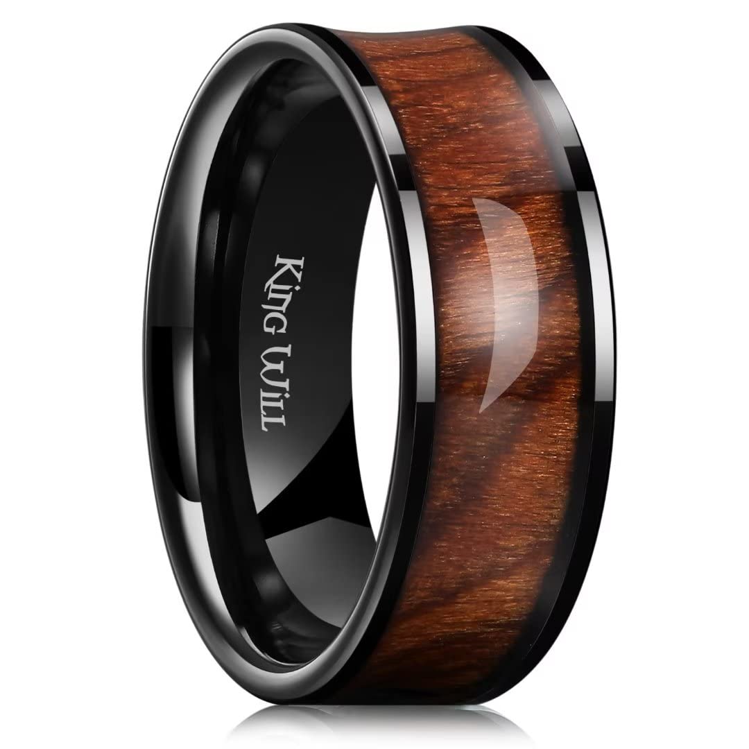 King Will Nature Men's Wooden Wedding Band, 7-8mm Black Mens Ceramic Wedding Ring with Polished Finish Brown Wood Inlay Comfort Fit Size 7-14