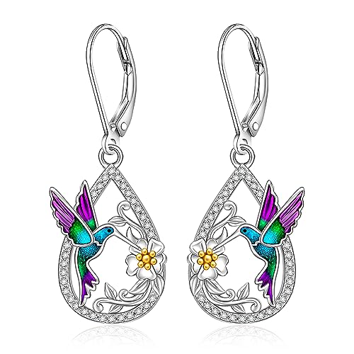 Hummingbird Earrings Purple Hummingbird Earrings for Women Sterling Silver Flower Teardrop Cute Bird Jewelry Memorial Mothers Day Christmas Healing Gifts