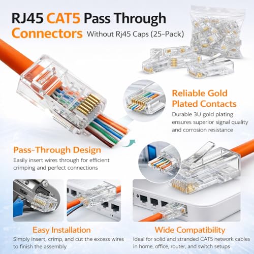 Image of RJ45 CAT5 Pass Through Connectors Without Rj45 Caps (Cat5 25pcs pack)